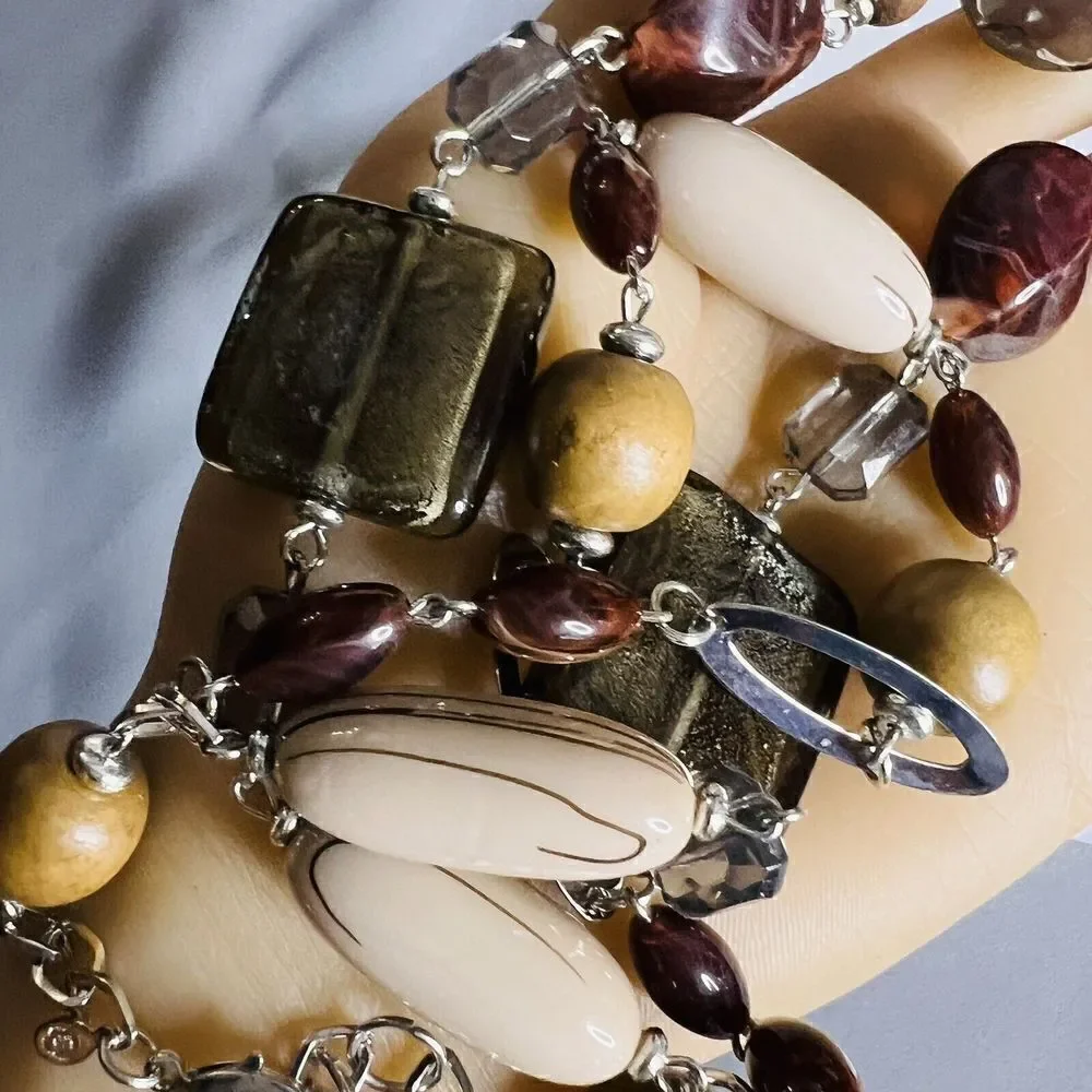 Premier Designs  SABLE 2 Strand Necklace Earth Tones Chunky Beads Glass Resin